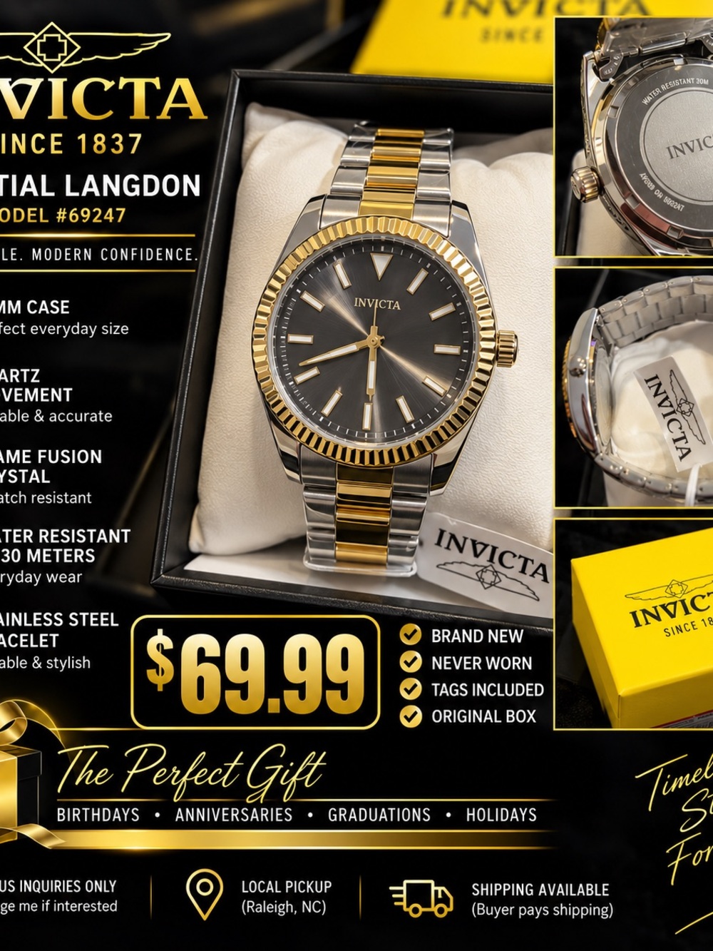 Invicta Men’s Two-Tone Black Dial Stainless Steel and Gold Bracelet Watch